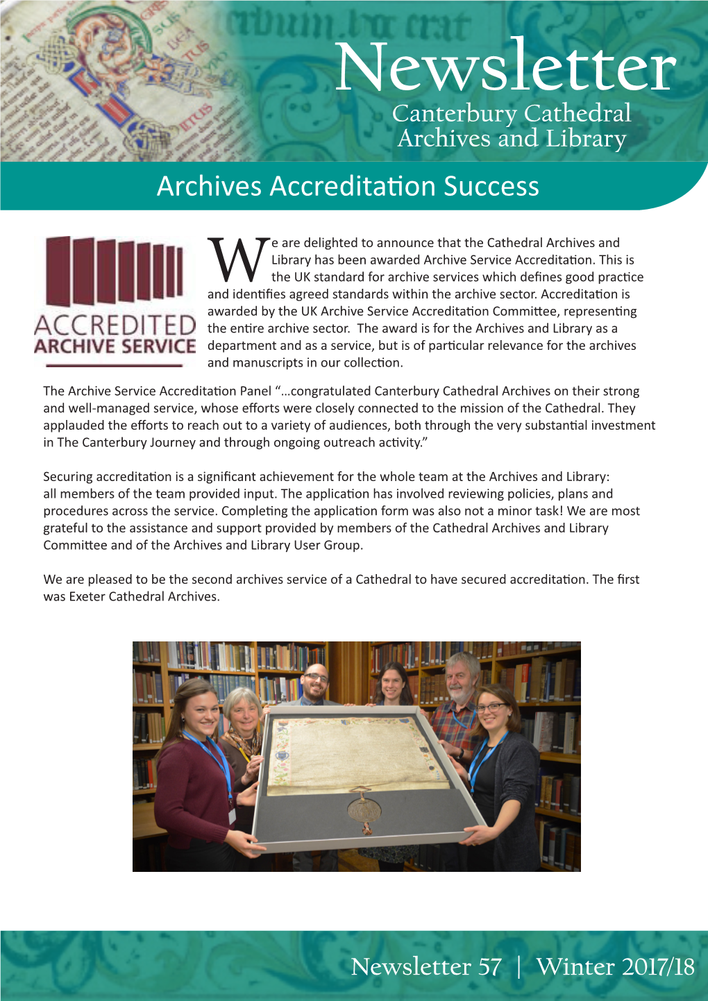 Newsletter Canterbury Cathedral Archives and Library Archives Accreditation Success