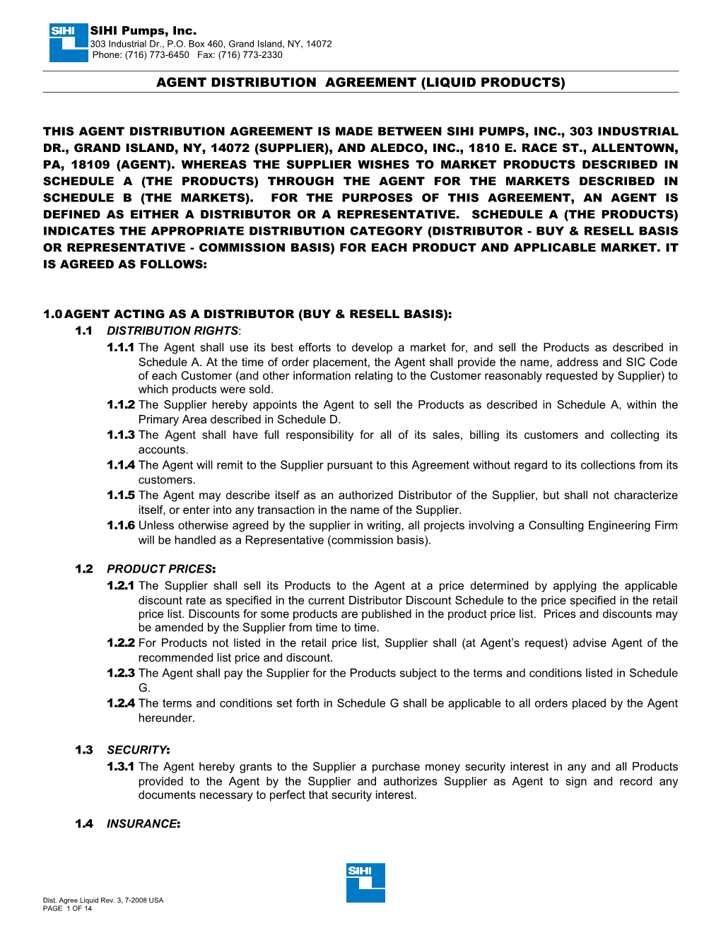 Agent Distribution Agreement (Liquid Products)