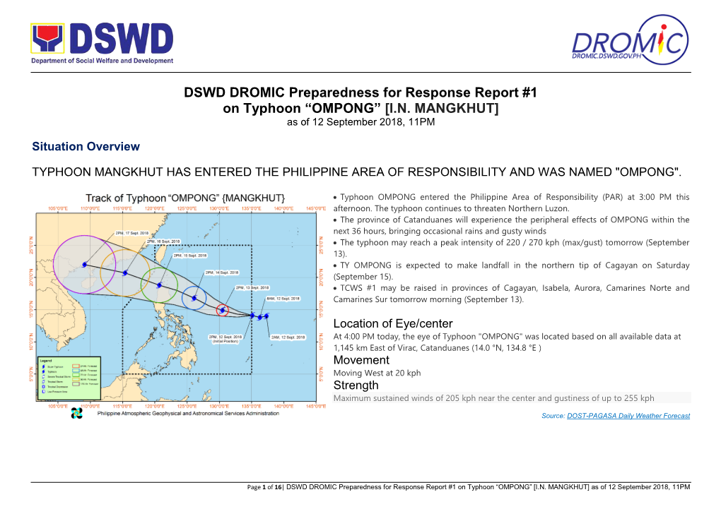 DSWD DROMIC Preparedness for Response Report #1 on Typhoon “OMPONG” [I.N