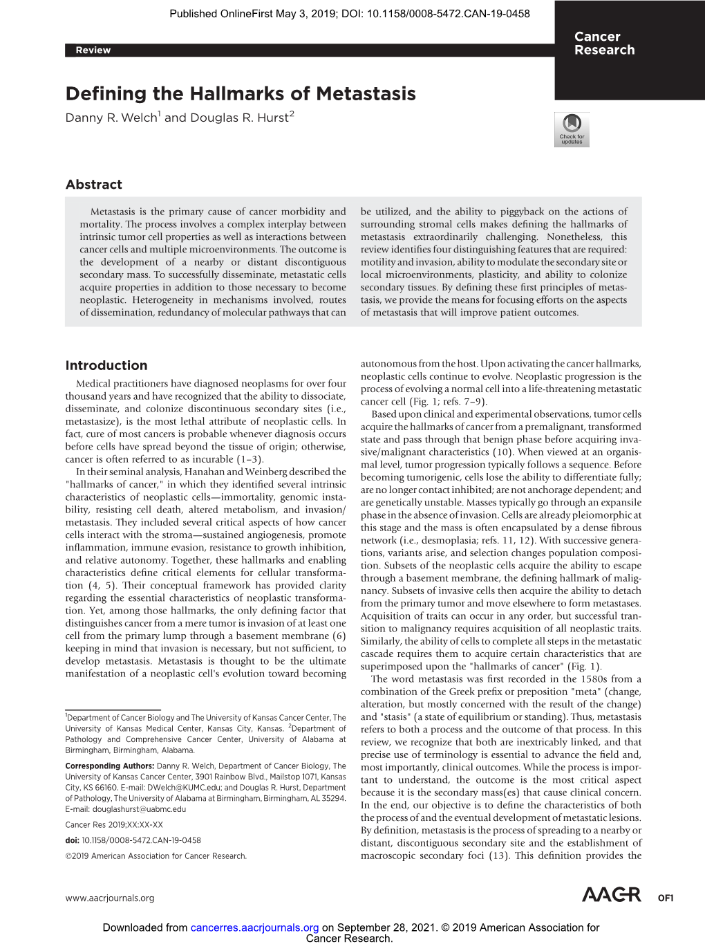 Defining the Hallmarks of Metastasis