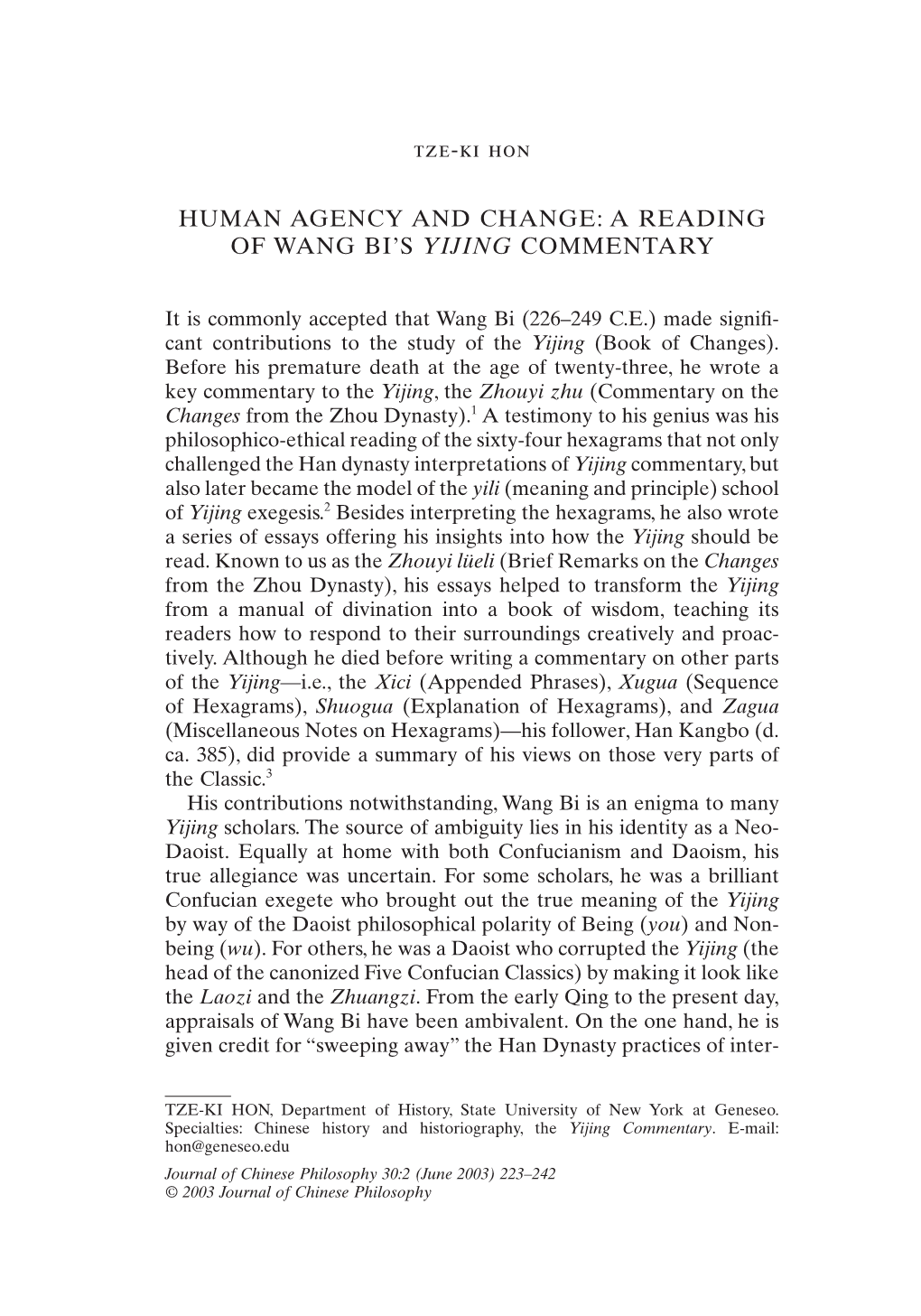 “Human Agency and Change: a Reading of Wang Bi's Yijing Commentary”