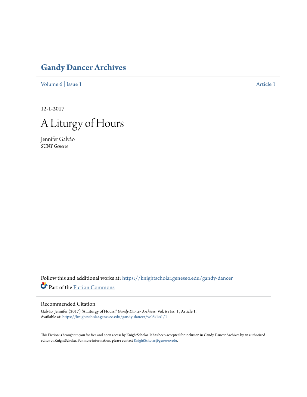 A Liturgy of Hours Jennifer Galvão SUNY Geneseo