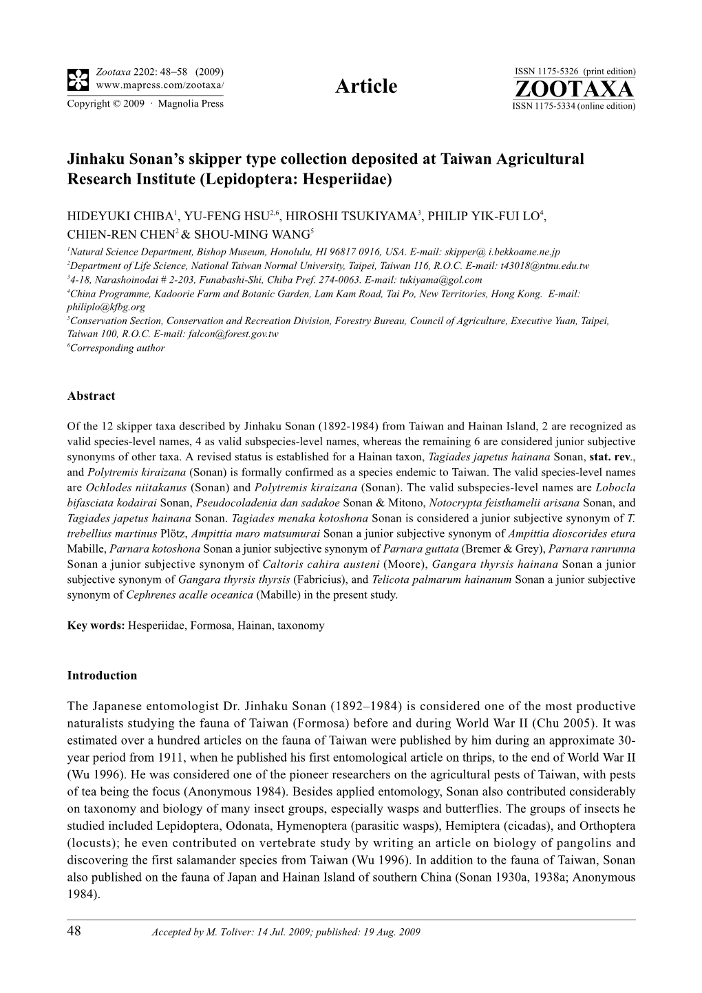 Zootaxa, Jinhaku Sonan's Skipper Type Collection Deposited at Taiwan
