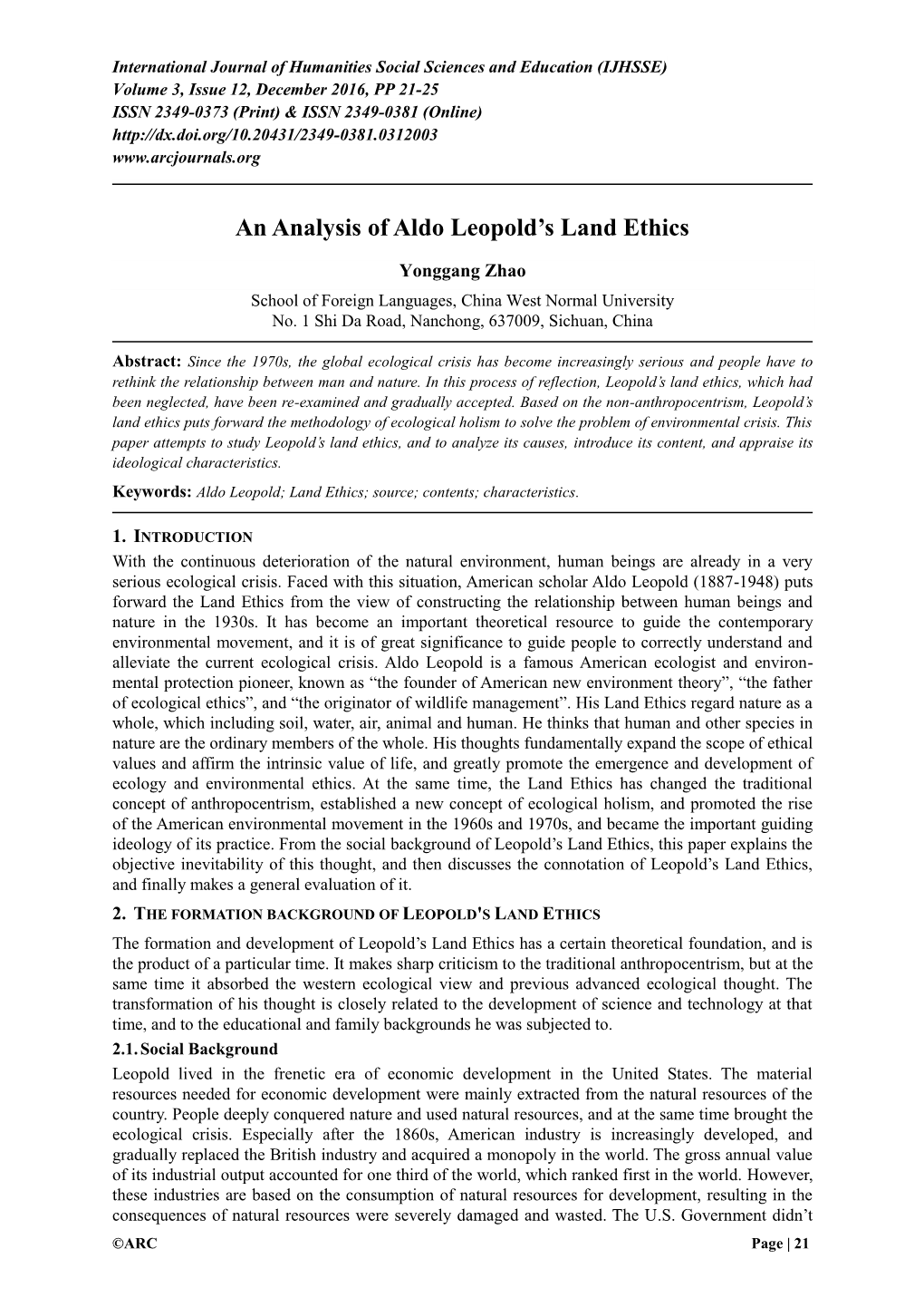 An Analysis of Aldo Leopold's Land Ethics