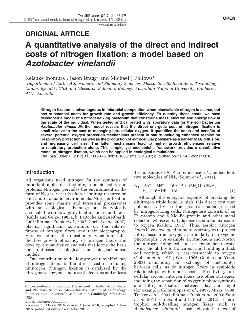 A Quantitative Analysis of the Direct and Indirect Costs of Nitrogen Fixation: a Model Based on Azotobacter Vinelandii