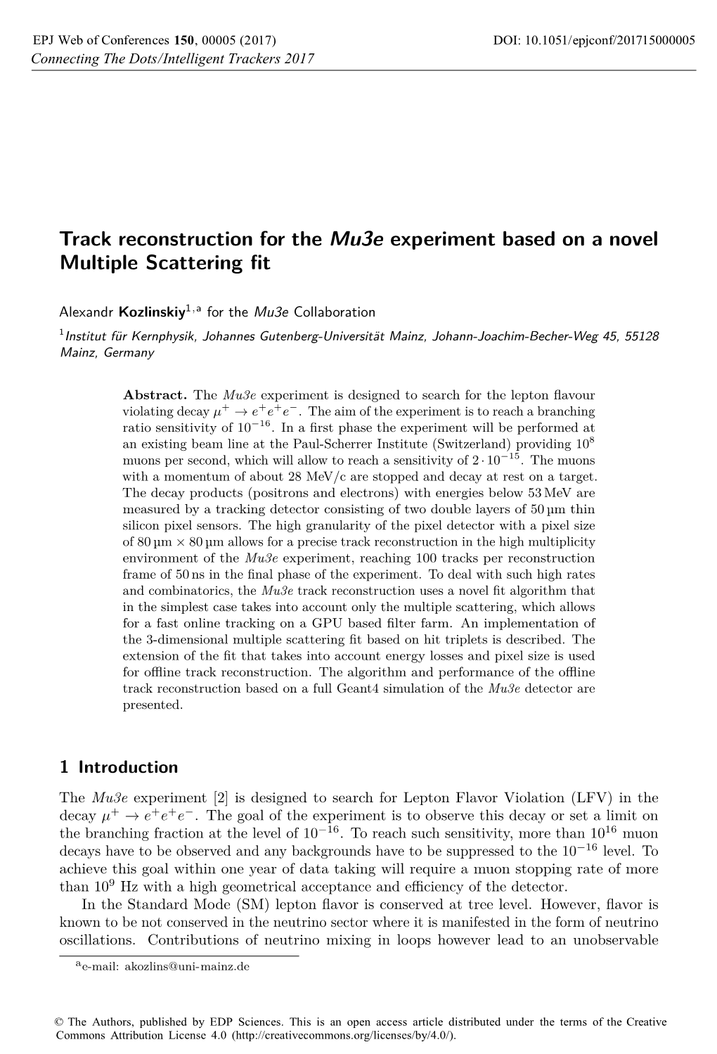 Track Reconstruction for the Mu3e Experiment Based on a Novel Multiple Scattering ﬁt