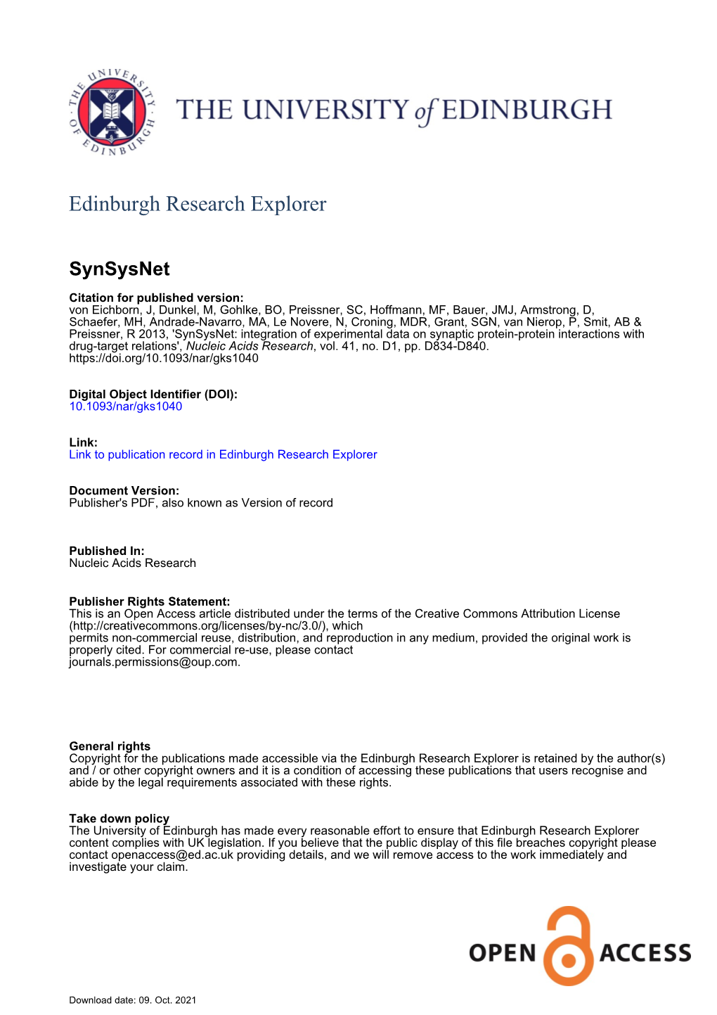 Synsysnet: Integration of Experimental Data on Synaptic Protein–Protein Interactions with Drug-Target Relations Joachim Von Eichborn1, Mathias Dunkel1, Bjo¨ Rn O