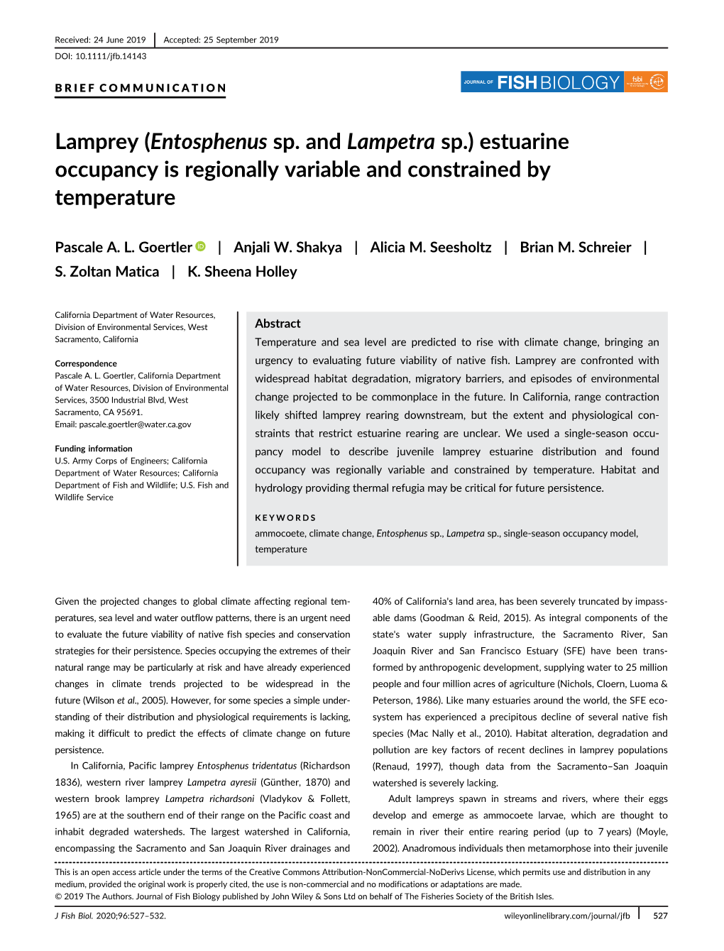 Lamprey (Entosphenus Sp. and Lampetra Sp.) Estuarine Occupancy€Is Regionally Variable and Constrained by Temperature
