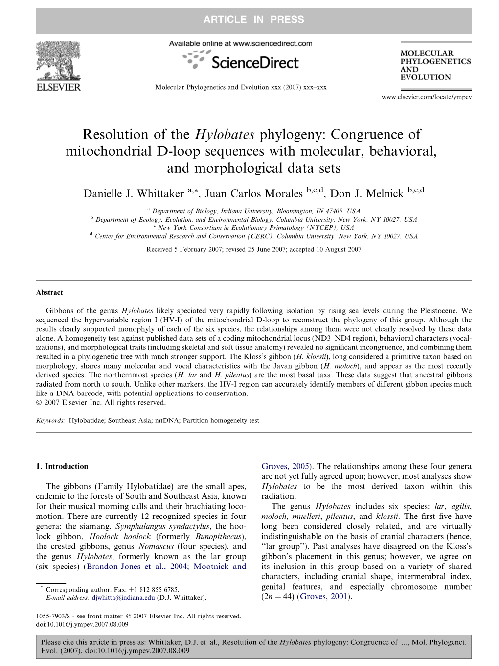 Resolution of the Hylobates Phylogeny: Congruence of Mitochondrial D-Loop Sequences with Molecular, Behavioral, and Morphological Data Sets