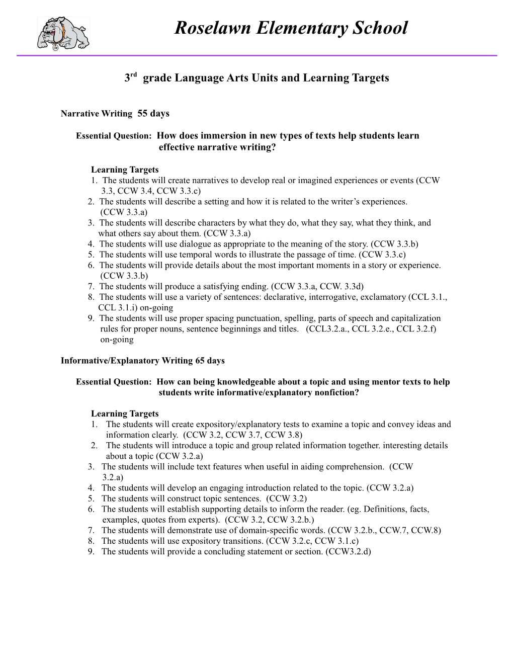 3Rd Grade Language Arts Units and Learning Targets