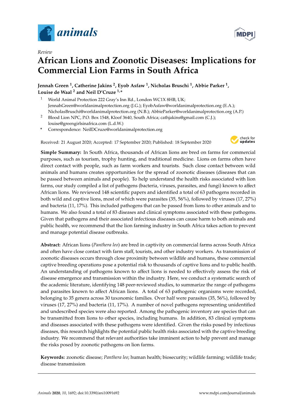 African Lions and Zoonotic Diseases: Implications for Commercial Lion Farms in South Africa