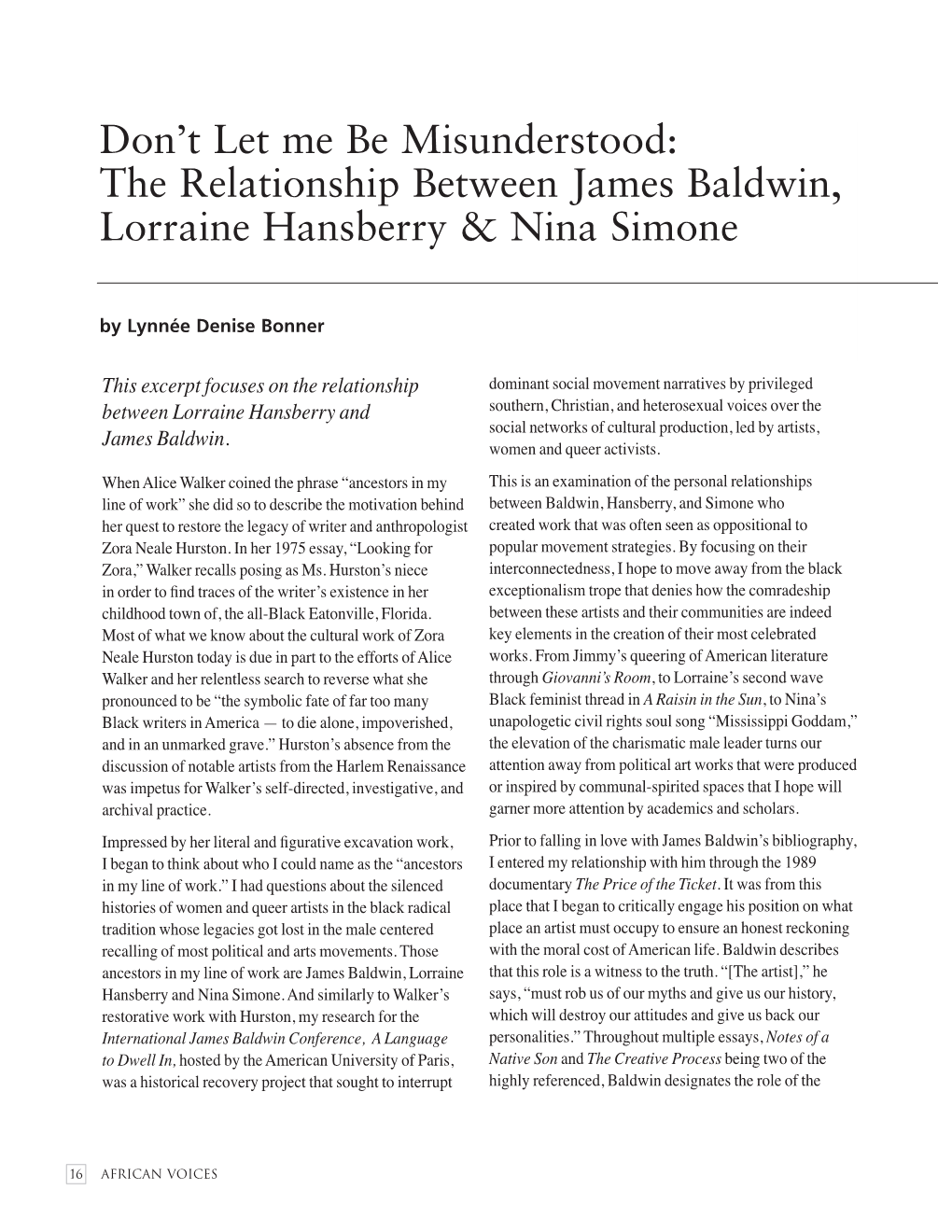 Don't Let Me Be Misunderstood: the Relationship Between James Baldwin, Lorraine Hansberry & Nina Simone