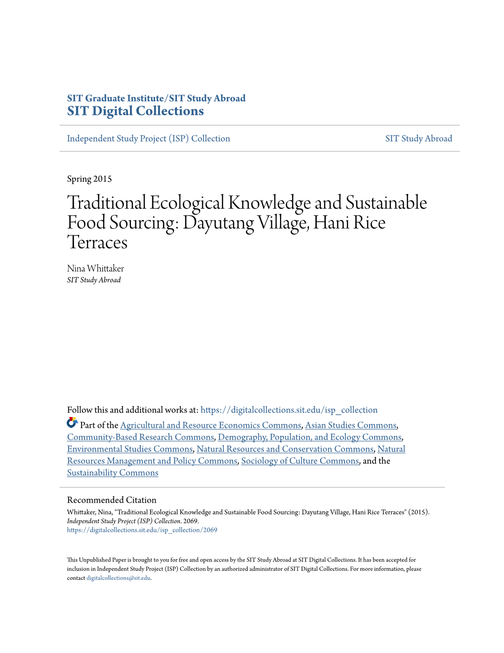 Traditional Ecological Knowledge and Sustainable Food Sourcing: Dayutang Village, Hani Rice Terraces Nina Whittaker SIT Study Abroad