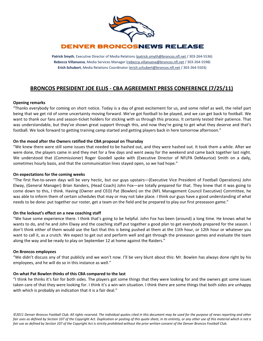 Broncos President Joe Ellis ‐ Cba Agreement Press Conference (7/25/11)