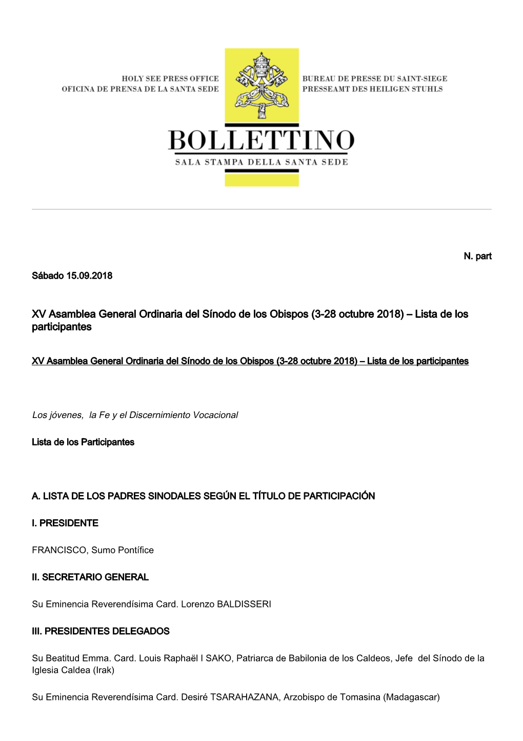 XV Asamblea General Ordinaria Del Sínodo De Los Obispos (3-28 Octubre 2018) – Lista De Los Participantes