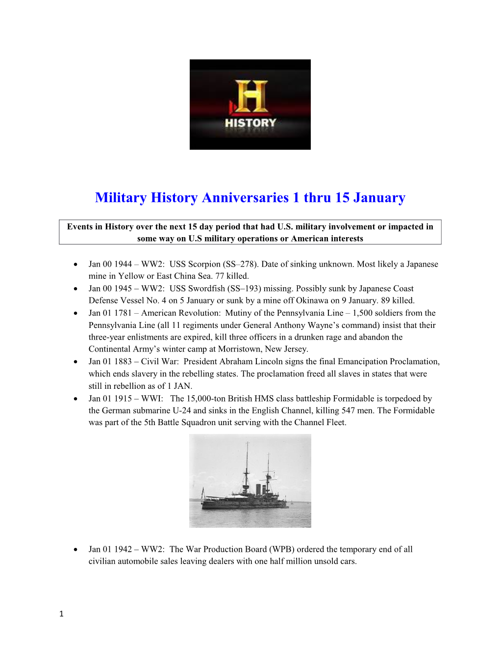 Military History Anniversaries 1 Thru 15 January s1