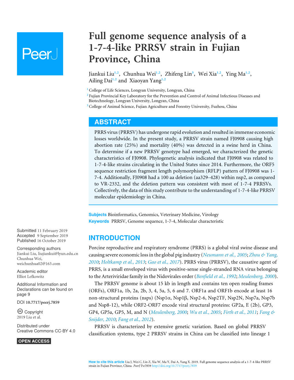 Full Genome Sequence Analysis of a 1-7-4-Like PRRSV Strain in Fujian Province, China