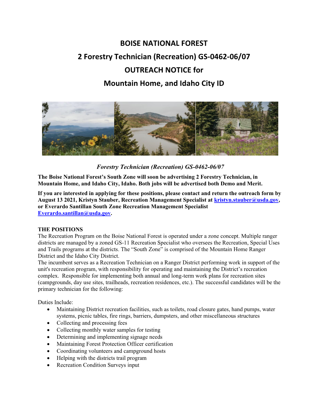 BOISE NATIONAL FOREST 2 Forestry Technician (Recreation) GS-0462-06/07 OUTREACH NOTICE for Mountain Home, and Idaho City ID