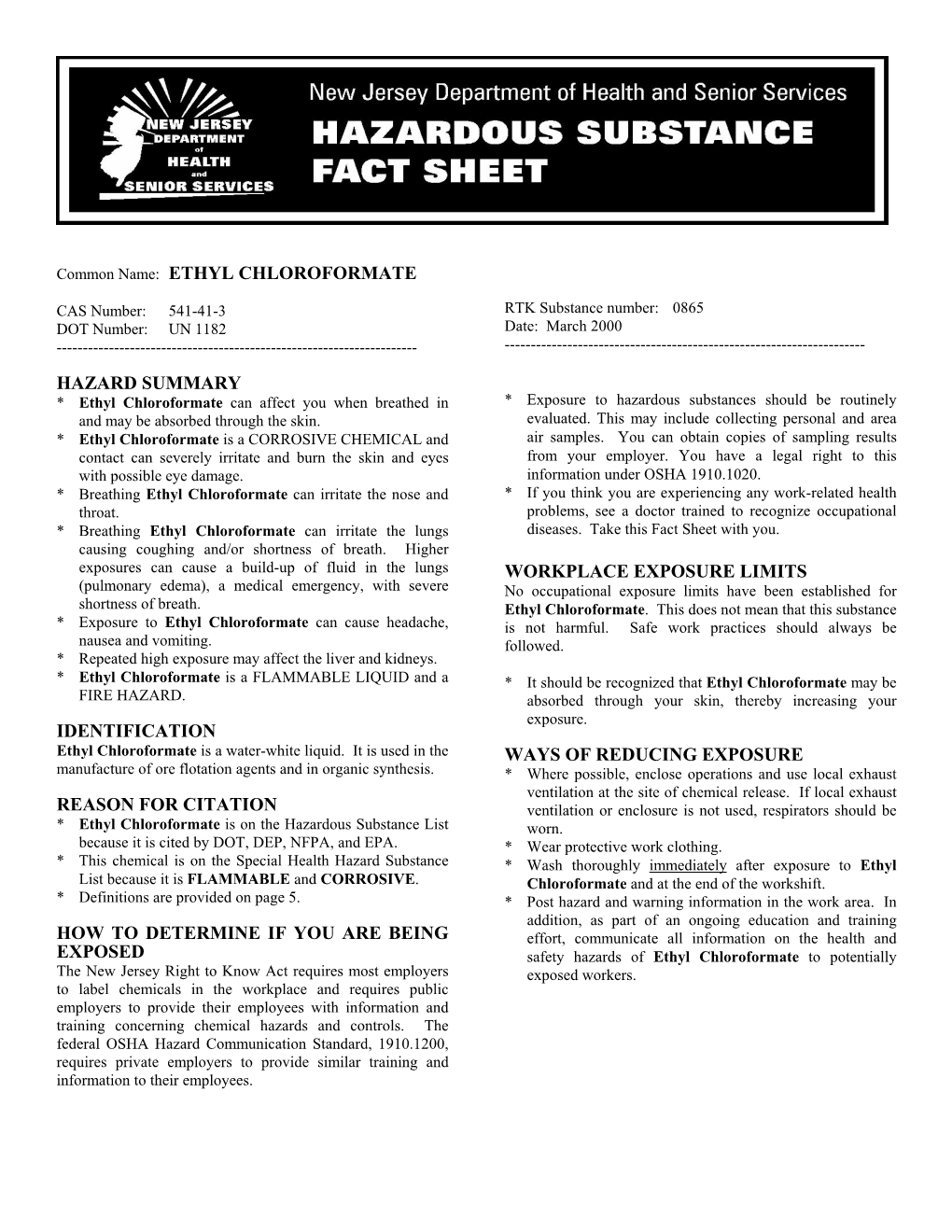 Ethyl Chloroformate Hazard Summary Identification