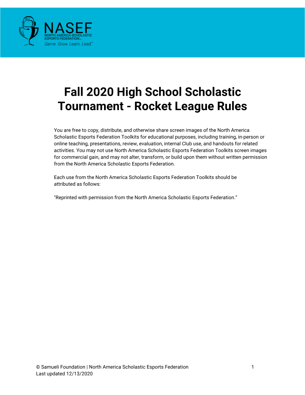 Fall 2020 High School Scholastic Tournament - Rocket League Rules