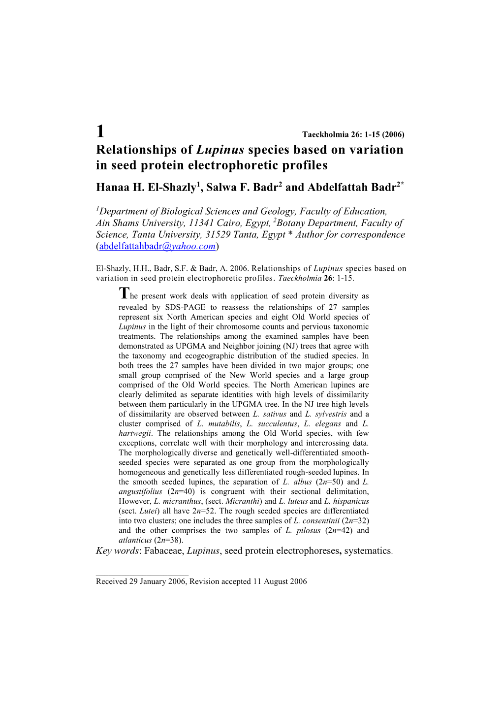 Relationships of Lupinus Species Based on Variation in Seed Protein Electrophoretic Profiles