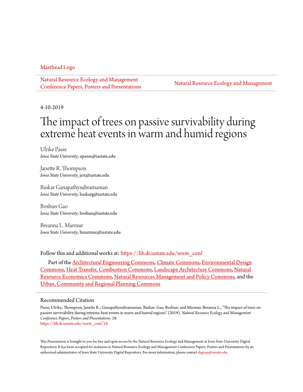 The Impact of Trees on Passive Survivability During Extreme Heat Events in Warm and Humid Regions Ulrike Passe Iowa State University, Upasse@Iastate.Edu