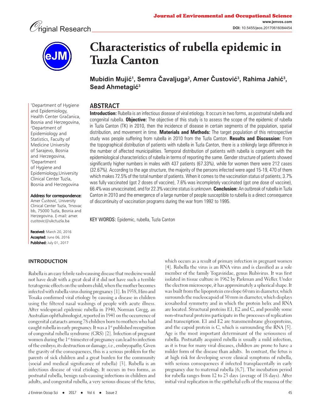 Characteristics of Rubella Epidemic in Tuzla Canton