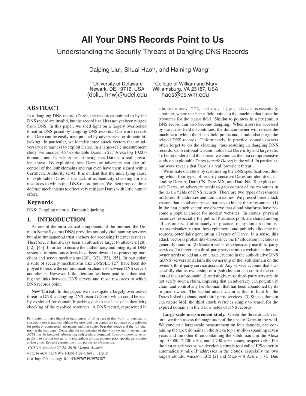 Your DNS Records Point to Us Understanding the Security Threats of Dangling DNS Records