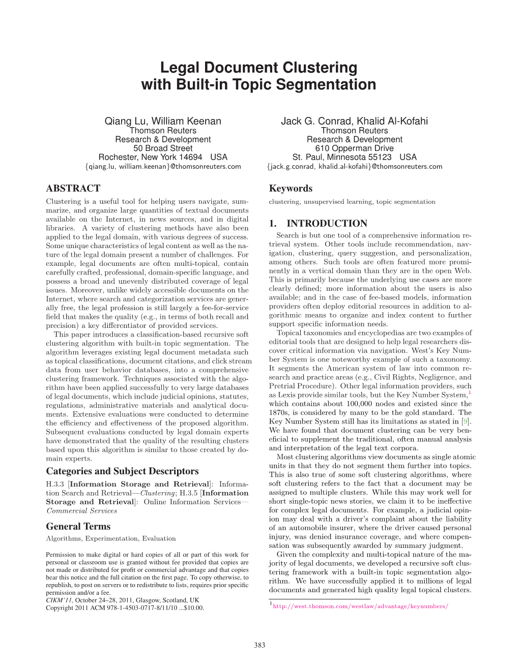 Legal Document Clustering with Built-In Topic Segmentation