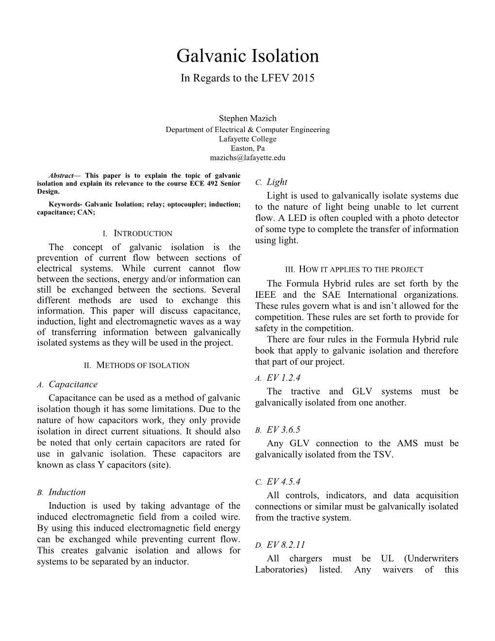 Galvanic Isolation in Regards to the LFEV 2015