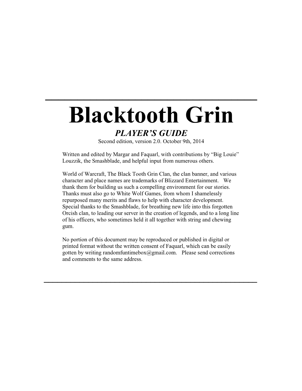 Blacktooth Grin PLAYER’S GUIDE Second Edition, Version 2.0