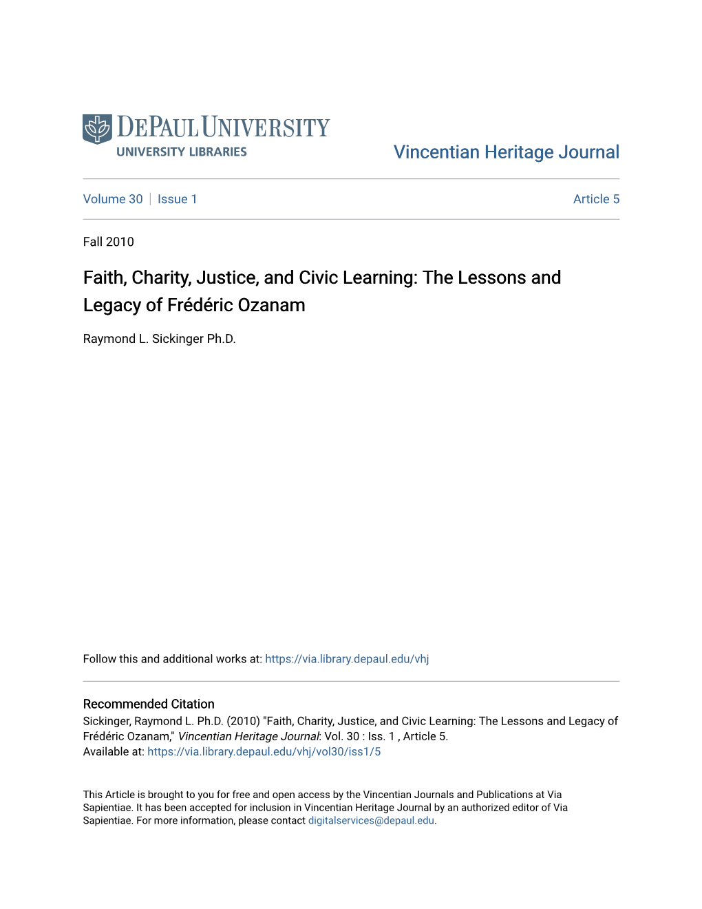 Faith, Charity, Justice, and Civic Learning: the Lessons and Legacy of Frédéric Ozanam