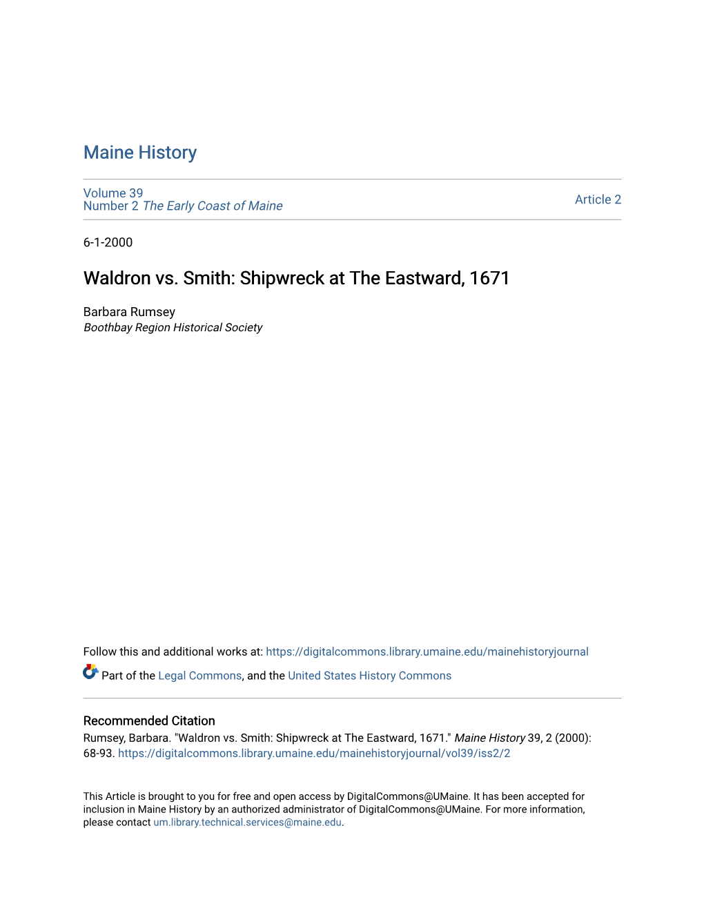 Waldron Vs. Smith: Shipwreck at the Eastward, 1671