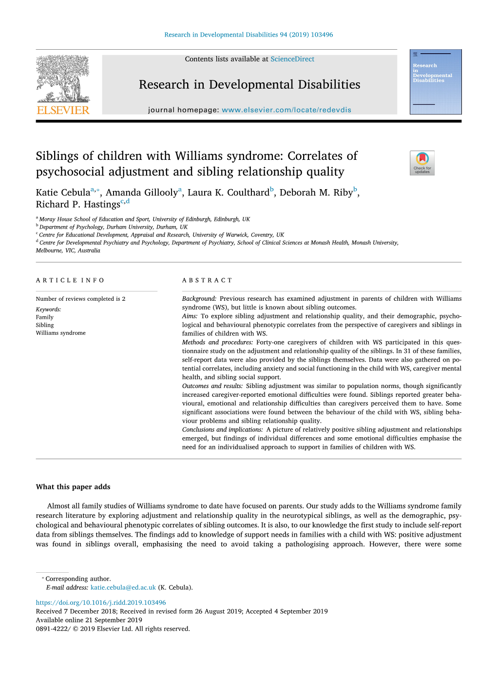 Siblings of Children with Williams Syndrome Correlates of Psychosocial Adjustment and Sibling Relationship Quality