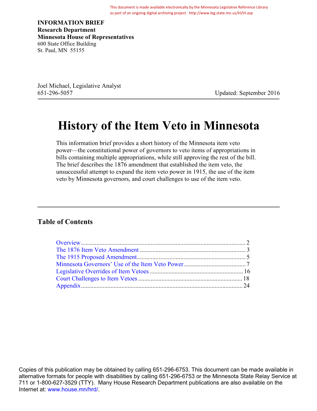 History of the Item Veto in Minnesota