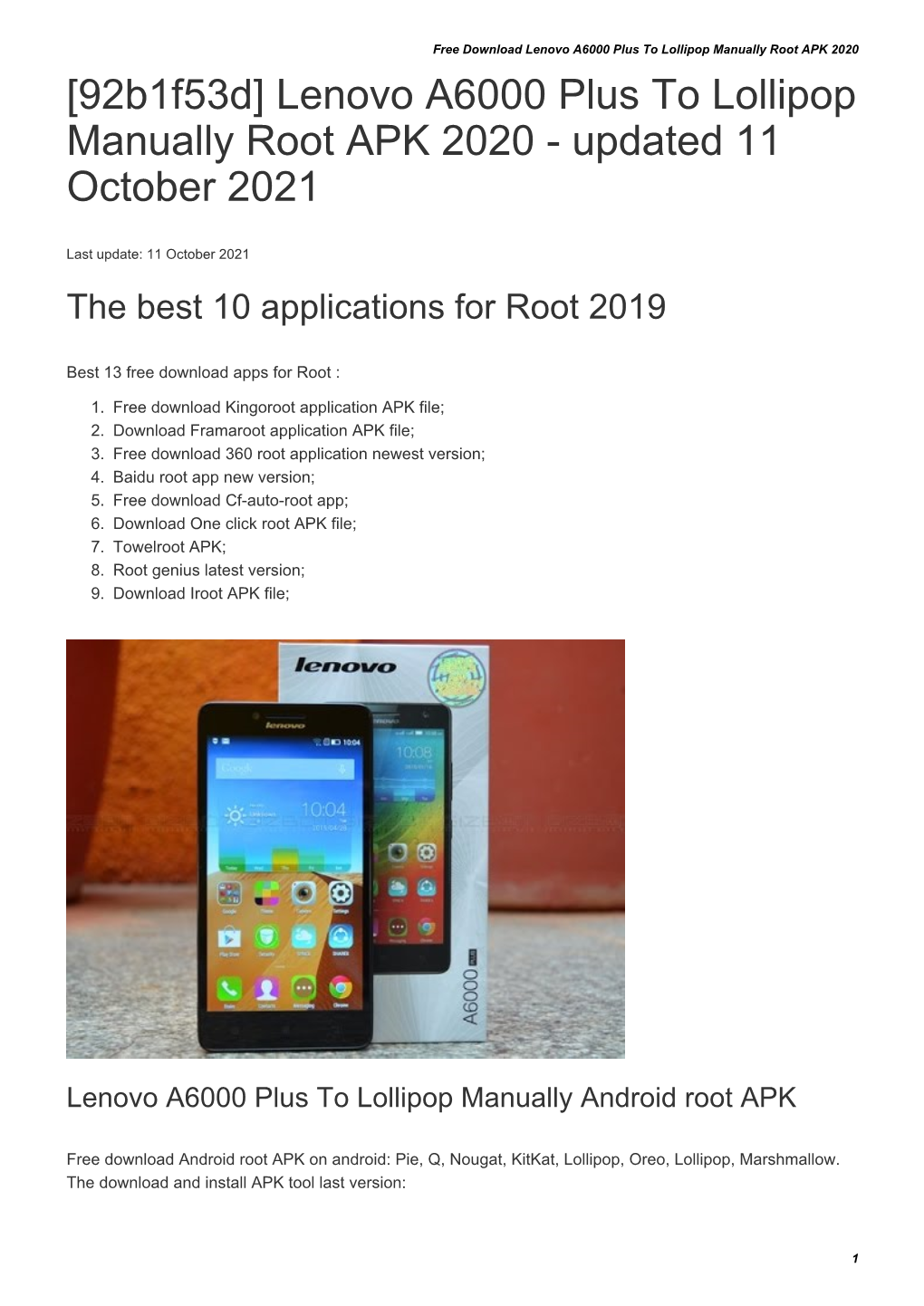 Lenovo A6000 Plus to Lollipop Manually Root APK 2020 [92B1f53d] Lenovo A6000 Plus to Lollipop Manually Root APK 2020 - Updated 11 October 2021