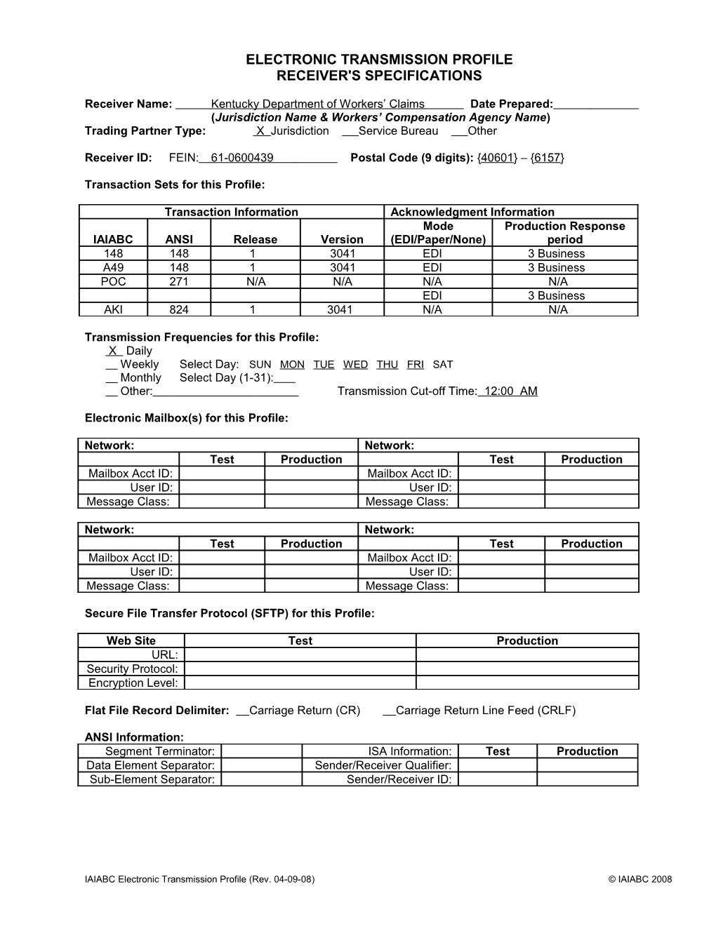 Transmission Profile Receiver's Specifications