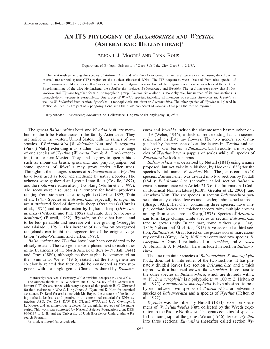 An Its Phylogeny of Balsamorhiza and Wyethia (Asteraceae: Heliantheae)1