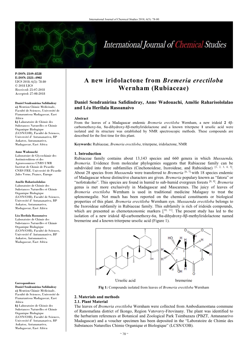 A New Iridolactone from Bremeria Erectiloba Wernham (Rubiaceae)