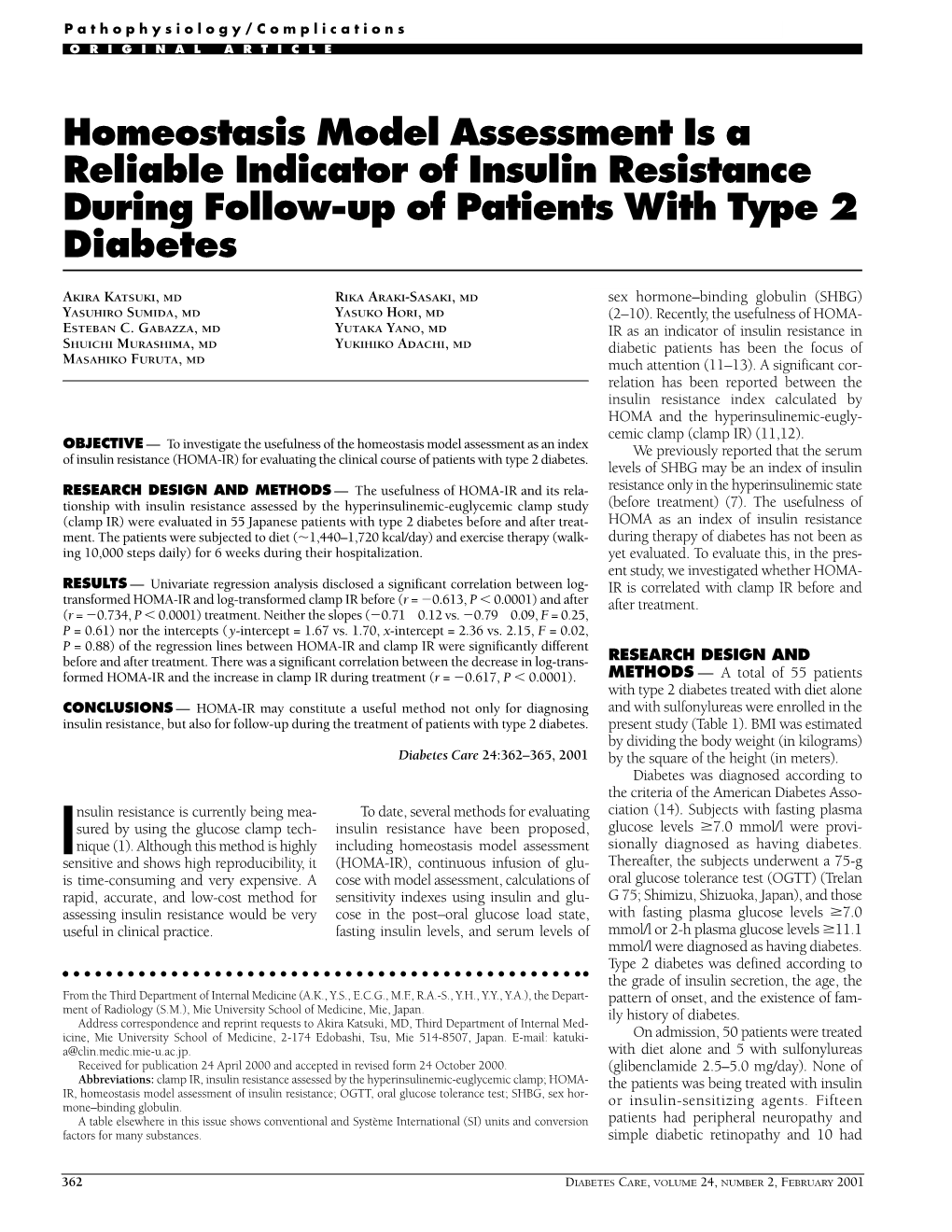Homeostasis Model Assessment Is a Reliable Indicator of Insulin Resistance During Follow-Up of Patients with Type 2 Diabetes