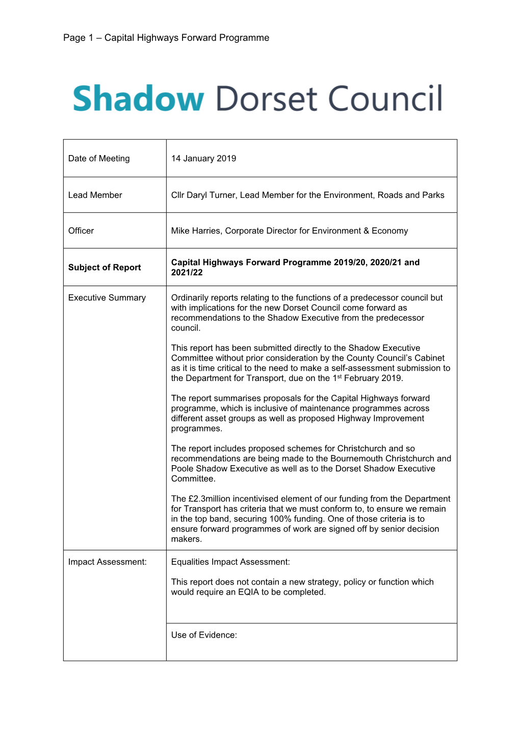 Capital Highways Forward Programme 2019/20, 2020/21 and Subject of Report 2021/22