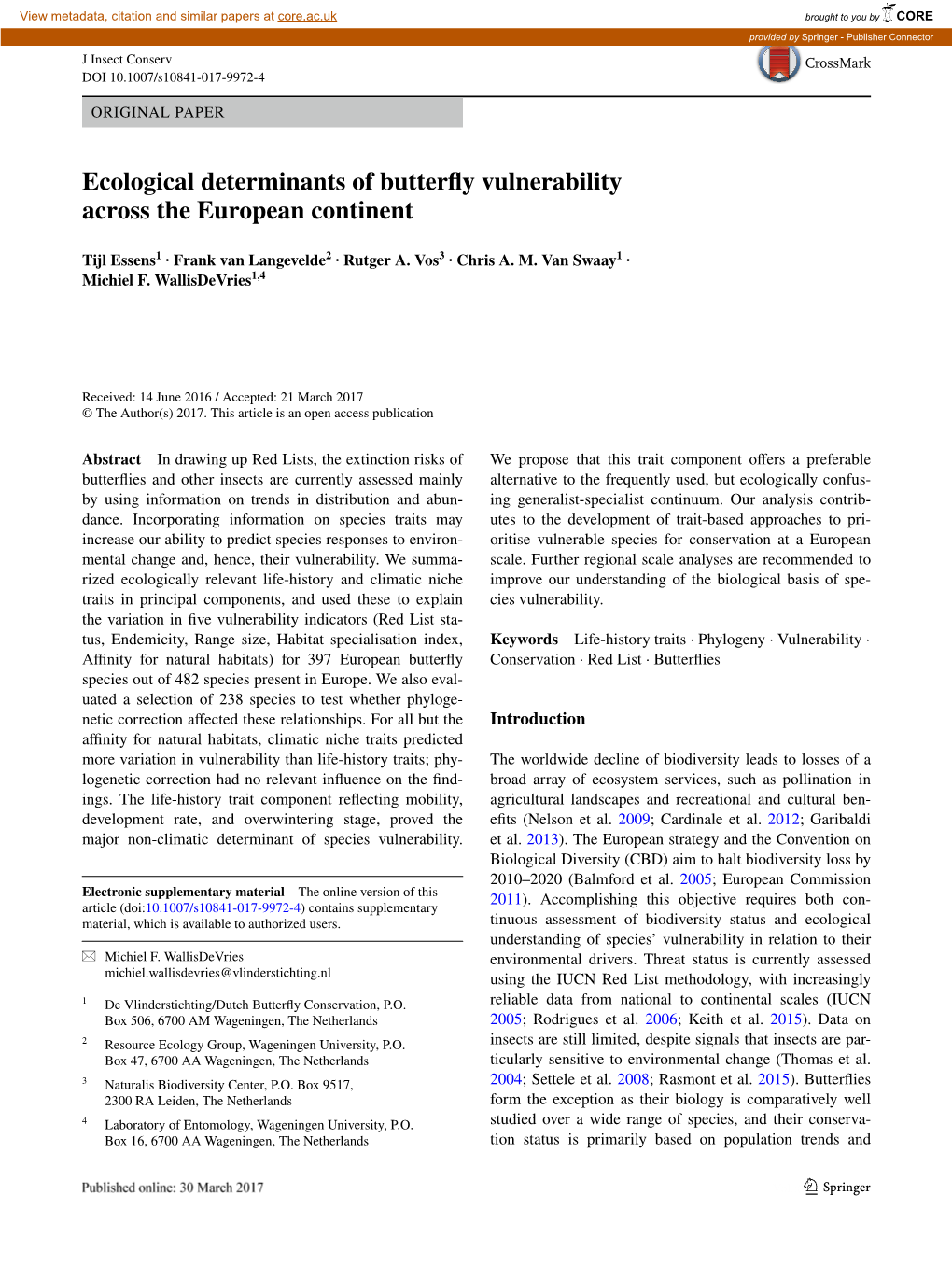 Ecological Determinants of Butterfly Vulnerability Across the European Continent