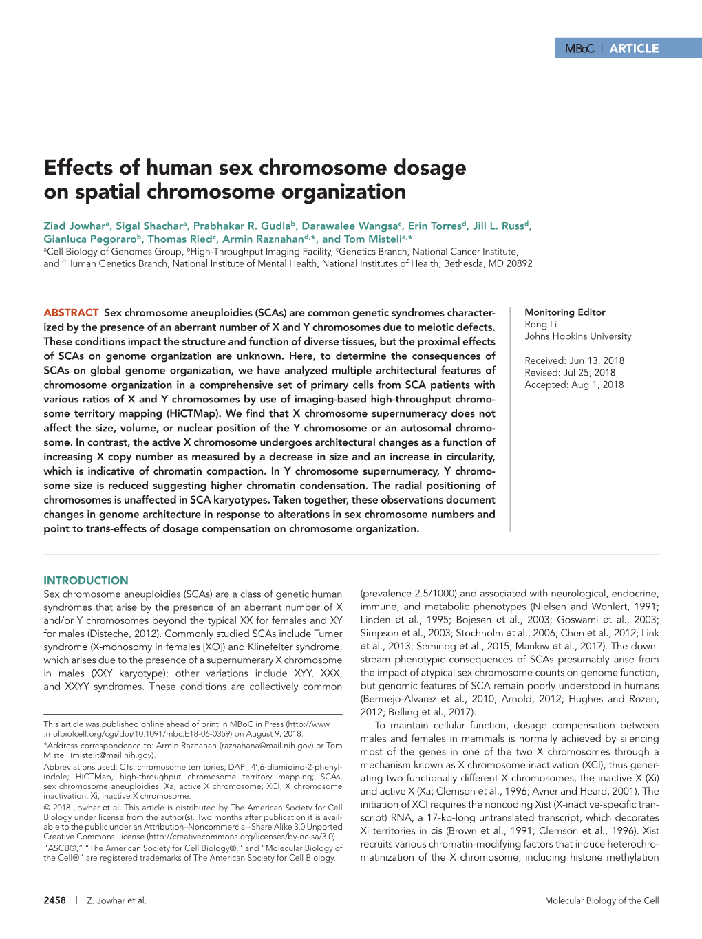 Effects of Human Sex Chromosome Dosage on Spatial Chromosome Organization