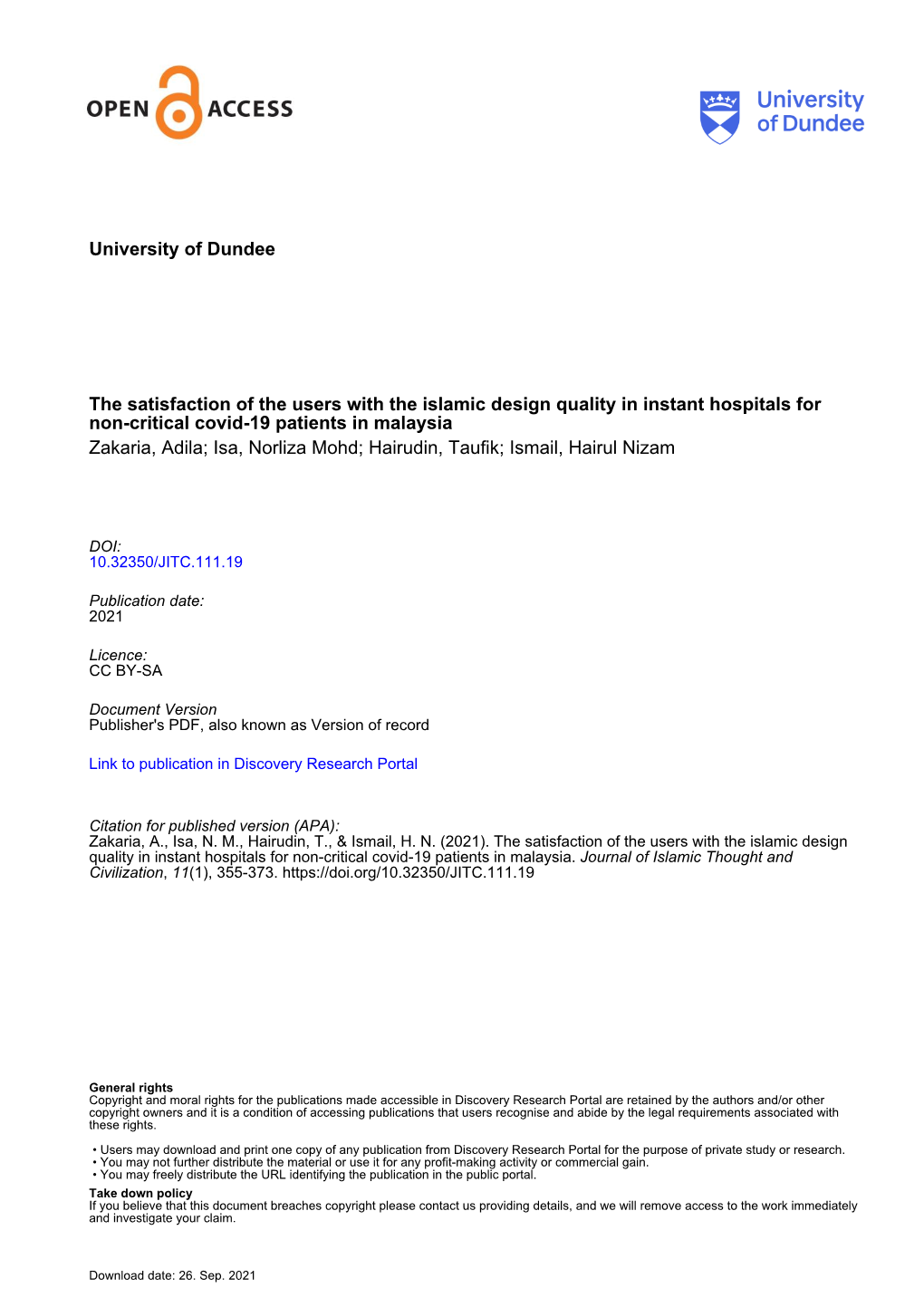 University of Dundee the Satisfaction of the Users with the Islamic Design Quality in Instant Hospitals for Non-Critical Covid-1