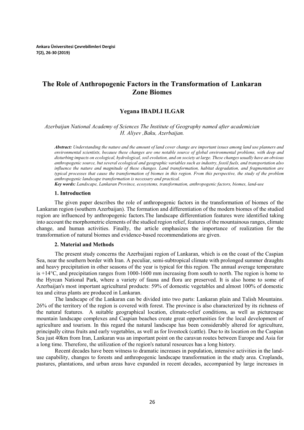 The Role of Anthropogenic Factors in the Transformation of Lankaran Zone Biomes