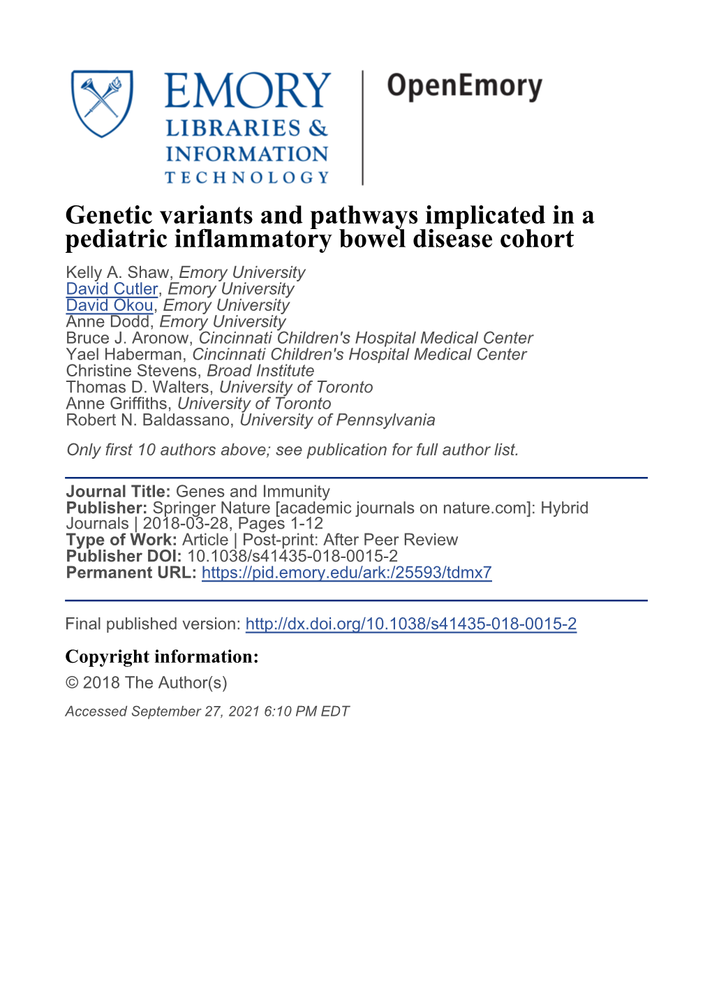 Genetic Variants and Pathways Implicated in a Pediatric Inflammatory Bowel Disease Cohort Kelly A