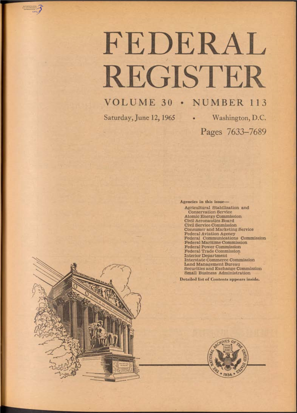 FEDERAL REGISTER VOLUME 30 • NUMBER 113 Saturday, June 12, 1965 • Washington, D.C