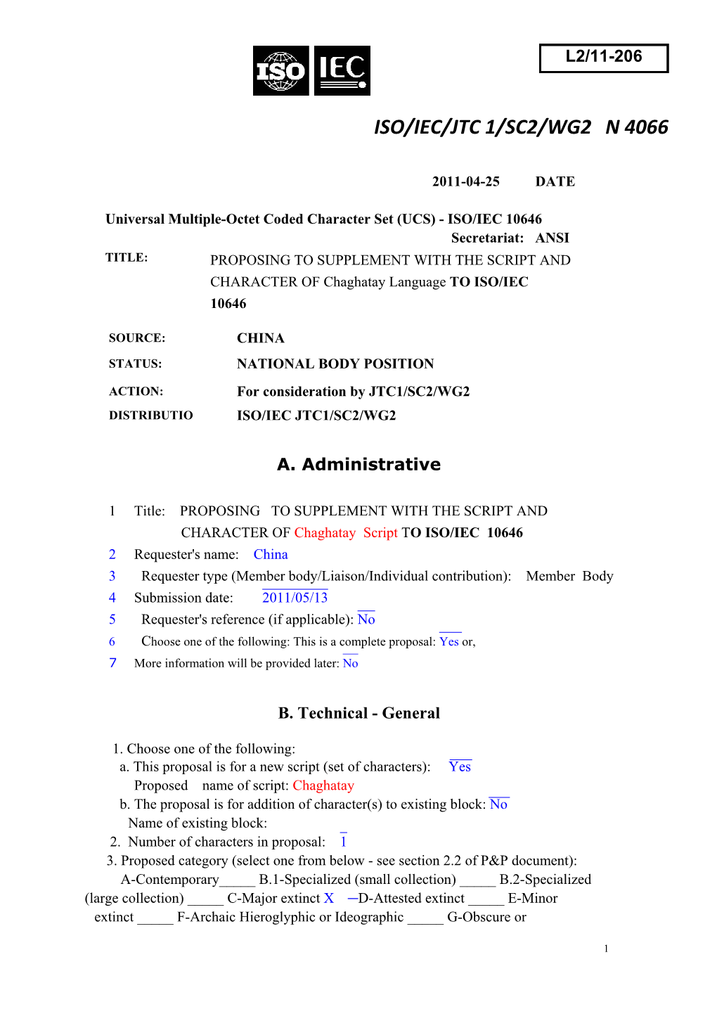 Iso/Iec/Jtc 1/Sc2/Wg2 N 4066