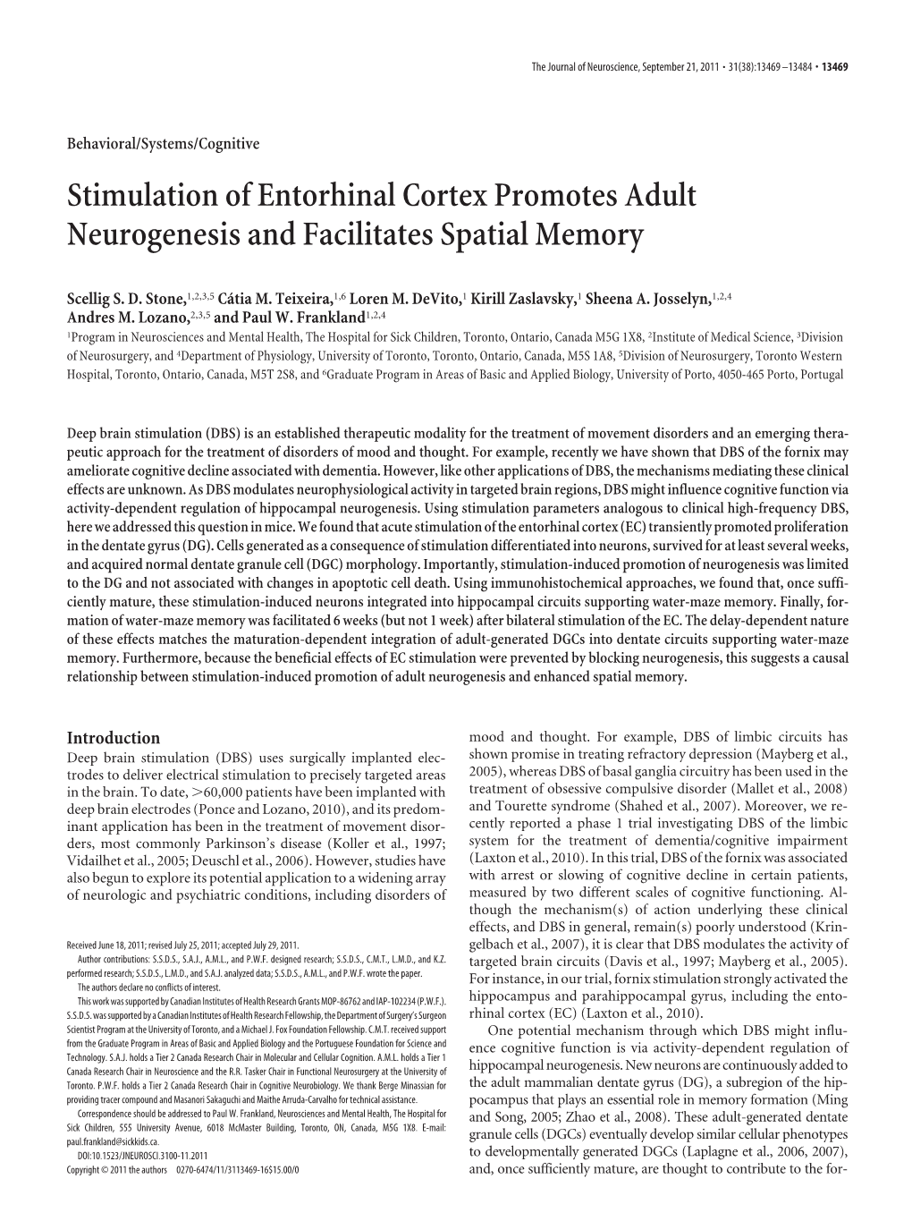 Stimulation of Entorhinal Cortex Promotes Adult Neurogenesis and Facilitates Spatial Memory