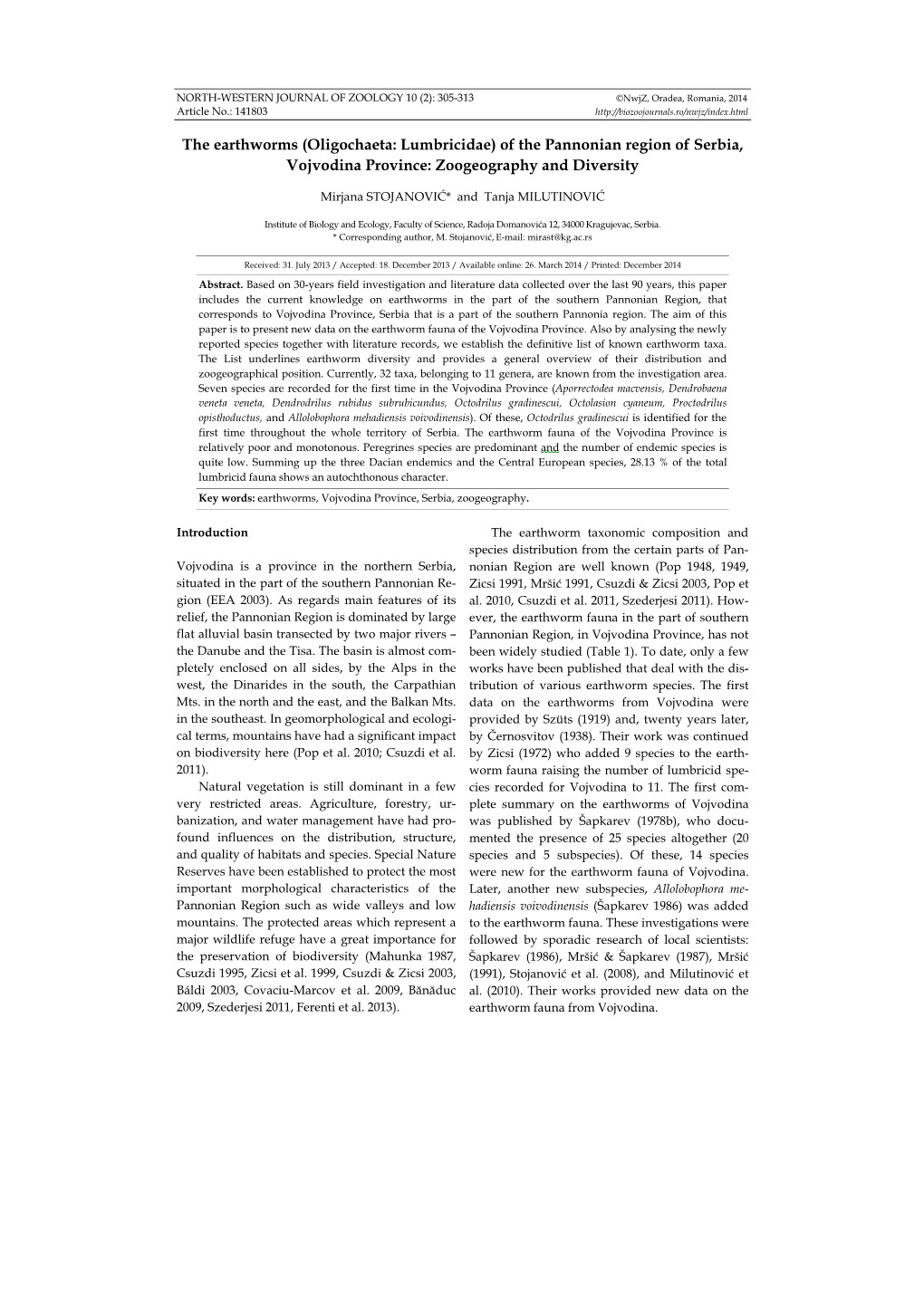 The Earthworms (Oligochaeta: Lumbricidae) of the Pannonian Region of Serbia, Vojvodina Province: Zoogeography and Diversity